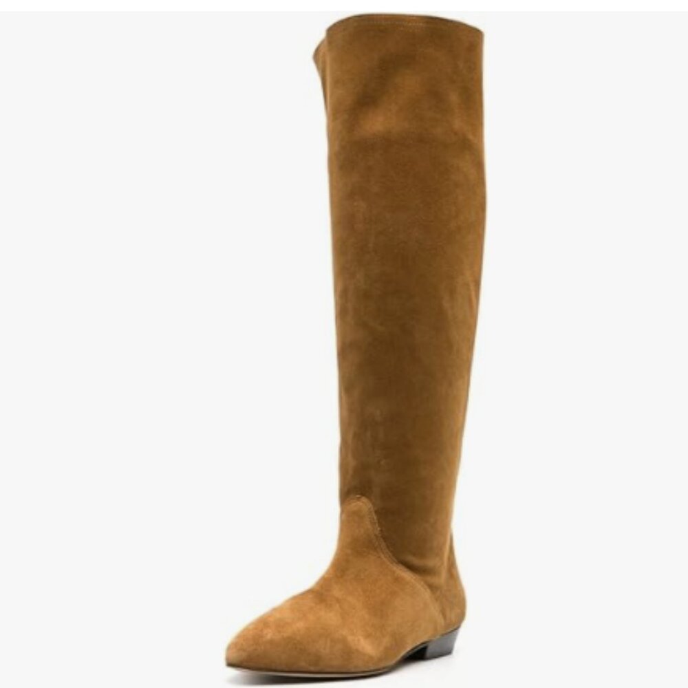 YDN Women Wide Calves Pull On Flats Knee High Boots Closed Toe Low Heel Brown